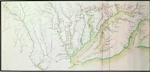 Mapa geral dos acampamentos e marche do exército na América sob as ordens de Rochambeau, detalhe do lado esquerdo, de Guerre de lAmerique, c.1780-81 cor gravura ver também 440787